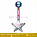Star Prong Set Cubic Zircon 316L Surgical Steel Rainbow Plated Navel Belly Ring